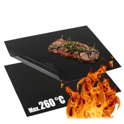 Afbeelding van COM FOUR® 2 x Teflon grillmat hittebestendige bakmat grillplaat met antiaanbaklaag grill en herbruikbaar, op maat gesneden (2 stuks, zwart)