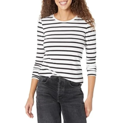 Image de Amazon Essentials T Shirt Col Rond à Manches Longues Coupe Classique (Grandes Tailles Disponibles) Women&#039;s, Blanc Rayures/Noir, XS
