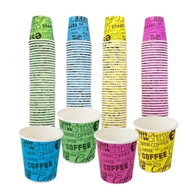 Afbeelding van COFFISANO 200 kleurrijke koffieglazen 75 ml kartonnen glazen voor espresso, thee, recyclebare wegwerpdranken, restaurants, kantoor, meenemen, bar