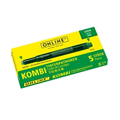 Afbeelding van ONLINE 17144/12 Kombi inktpatronen groen, voor vulpen of roller, doos met 5 patronen, welke altijd compatibel zijn.