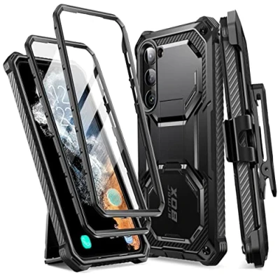 Afbeelding van i Blason Beschermhoes voor Samsung Galaxy S23 Plus 5G (2023), 2 voorschermbeschermers (zonder folie + met folie), inklapbare houder, riemclip [Armorbox] robuuste bescherming schokbestendig (zwart)