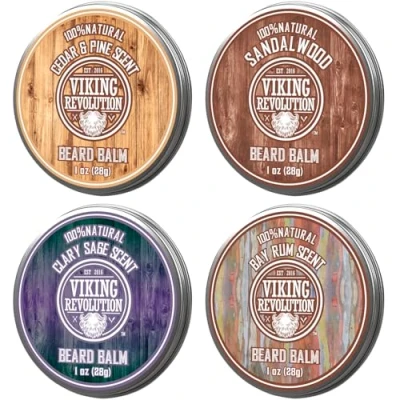 Image de Viking Revolution Baume à barbe Lot de 4 x 28 g Bois santal, pin et cèdre, rhum baie, sauge sclarée Cire pour homme Stylise, renforce adoucit Cadeaux hommes