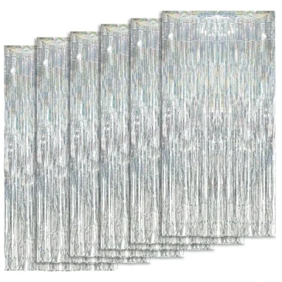 Afbeelding van KOOSREEL 6 metalen gordijnen, zilverkleurig, 1 x 2 m, decoratie van paillettenblad voor Nieuwjaar, bruiloft, decoratie, verjaardag, gordijnen met franjes aluminium