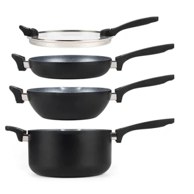 Afbeelding van Russell Hobbs RH01840 4 delig kookgerei met antiaanbaklaag, ruimtebesparend stapelbaar ontwerp, 24 cm, inclusief wokpan en deksel, compatibel inductie, gemakkelijk te reinigen
