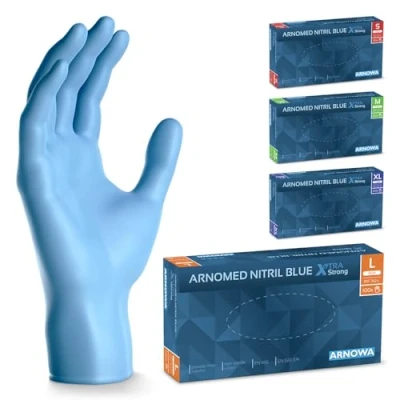 Image de ARNOMED Gants jetables Bleu Extra Fort, nitrile taille L, 50% plus épais, 100 pièces, non poudrés, en mecanique sans latex, gant jetable tailles S, M, L &amp; XL