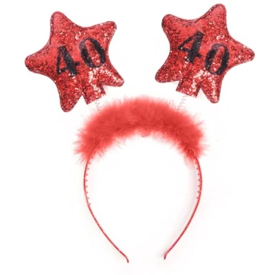 Afbeelding van PartyDeco OP40 haarband voor de 40e verjaardag met veren en sterren, rood, Eén maat, CARTON