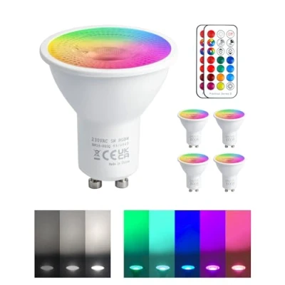 Afbeelding van REYLAX RGB GU10 led lamp, kleurverandering, 5 W, komt overeen met 50 450 lm, koudwit, led, GU10, dimbaar, lampen, afstandsbediening, infrarood, 4 stuks