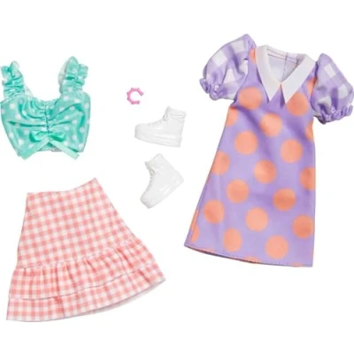 Afbeelding van Barbie Kleding Outfit Poppen Accessoires 2 pack: Paarse Jurk + Topje Rok en Witte Schoenen