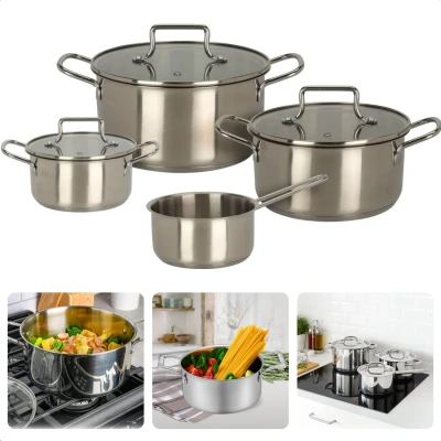 Afbeelding van Cheqo® Complete Kookpannenset Pannenset Kookpan Set Kookpannen 4 Pannen met 3 Deksels Geschikt voor Alle Warmtebronnen Ook Inductie