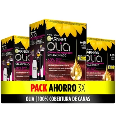 Image de Garnier Olia Lot de 3 colorations permanentes sans ammoniaque pour une odeur agréable avec des huiles florales d&#039;origine naturelle, couleur 6.60 Bold rouge intense