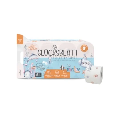 Afbeelding van Glücksblatt Toiletpapier met bedrukte motieven, drielaags, 48 rollen x 150 vellen, 100% cellulose, superzacht toiletpapier, minimaal 30% PCR verpakking