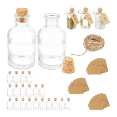 Afbeelding van Relaxdays glazen flesjes met kurk ronde kruidenpotjes 60 ml voorraadpotjes kruiden set van 25