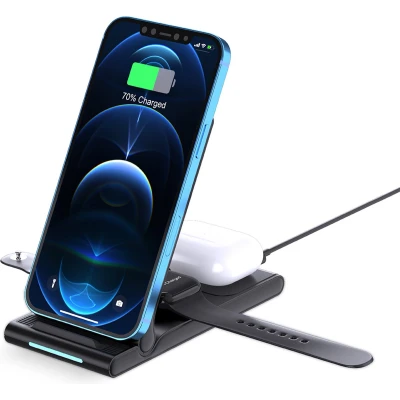 Afbeelding van MMOBIEL Draadloze Oplader Geschikt voor iPhone 15/14/13/12 series, Apple Watch 9/8/7/6/5 en AirPods Pro/3/2/1 Inklapbaar 3 in 1 Draadloos Oplaadstation Compacte Wireless Charger Zwart