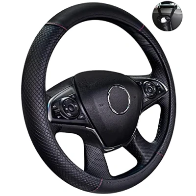 Afbeelding van Zawaer stuurhoes voor auto, universele stuurhoes, 37 39 cm, antislip, ademend, koolstofvezel, elastische professionele van leer, zwart en rood (met auto afvalemmer)