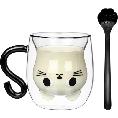 Afbeelding van BELLE VOUS 290ml Borosilicate Glass Double Walled Coffee with Handle and Spoon