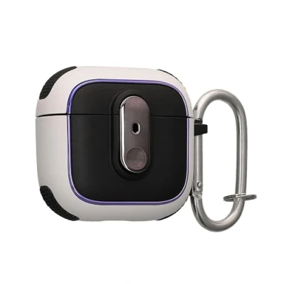 Afbeelding van kwmobile Hoesje geschikt voor Apple Airpods 4 Oordopjes Case TPU Cover met Karabijnhaak Schokbestendige Beschermhoes wit / zwart