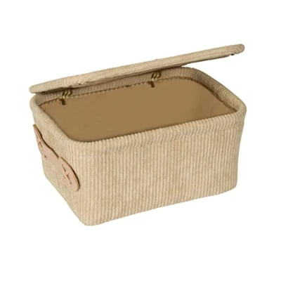 Afbeelding van WENKO Anela badmand met deksel, zachte corduroy mand van 100% polyester handvat kunstleer, voor het opbergen en organiseren badkameraccessoires, 19 x 10 14 cm, beige