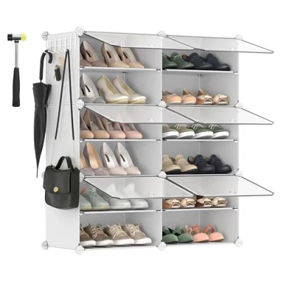 Afbeelding van Songmics LPC033W01 Schoenenrek met 6 vakken, modulaire opbergkast, 30 x 40 cm voor elke sleuf, deuren, stalen frame, kunststof panelen, wit