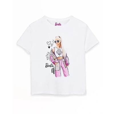 Afbeelding van Barbie Pose Girls Wit T shirt met korte mouwen Iconisch merk Leuk en modieus speels design levendige graphics Comfortabele pasvorm Meisjesmode Fantasierijk spel Kinderen,