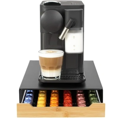 Afbeelding van Capsulehouder met Lade voor Nespresso Cuphouder 60 Koffiecups Capsulehouders RVS Zwart Hout