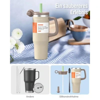 Afbeelding van Dubbele roestvrijstalen mok met handvat en rietje, 1200 ml thermobeker, autobeker, reisbeker, warme koude drinkbeker, lichtbruin