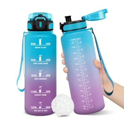 Afbeelding van Gourde, 1500ML Sans BPA, Gourde sport, Conception de Verrouillage Anti Fuite, Bouteille, Avec Horodatage, Bouteille Eau pour École, Yoga, En cours d&#039;exécution, Escalader Des Montagnes BleuViolet