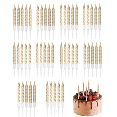 Afbeelding van JJiaoLinin 50 stuks verjaardagskaarsen, spiraalvormige taartkaarsen, metalen kaarsen, kort, dun, voor verjaardagstaart, bruiloft, taartdecoratie, champagne, goud