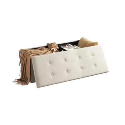 Afbeelding van WOLTU SH73cm Opvouwbare opbergbank, poef, kruk met groot draagvermogen van 300 kg, opbergkist voor binnen, voetensteun bekleed fluweel, capaciteit 118 l, 110 x 37,5 38 cm, crèmekleurig