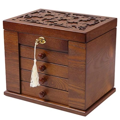 Afbeelding van Changsuo Sieradenkistje van hout voor dames, opbergdoos massief met combinatieslot sieraden, horloges, halskettingen, ring, (donkerbruin)