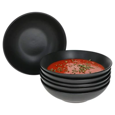 Afbeelding van MamboCat Lampart Nero 6x soepborden, zwart, diepe bordenset voor 6 personen, borden in moderne etnische stijl, grote pastakom en mueslischaal, stuks