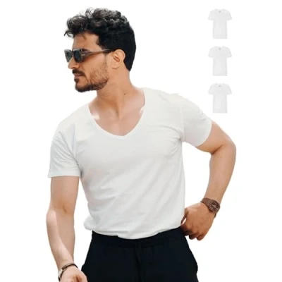 Afbeelding van SKIPPER Set van 3 stretch T shirts voor heren V hals 95% katoen en 5% elastaan hoogwaardig ondergoed wit, Wit
