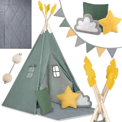 Image de Nukido, Tente pour enfant tipi TEEPEE verte avec guirlande, coussins, grand tapis, stabilisateur