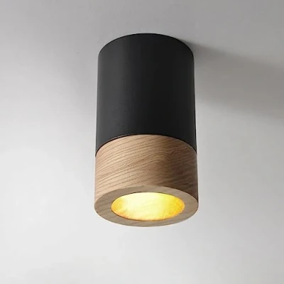 Afbeelding van Ouglres Vintage plafondlamp opbouw kleine zwart mat 1 lamp metaal hout moderne elegante plafondspot GU10 woonkamer slaapkamer hal keuken eenvoudige montage
