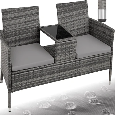 Afbeelding van tectake® wicker tuinbank met tafel, 2 zitsbank, 131 x 61 82 cm, bank voor tuinbalkon en terras, inclusief zitkussen grijs/lichtgrijs poly rattan