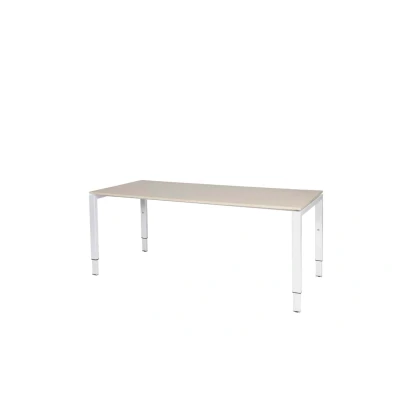 Afbeelding van Domino bureau, hoogte instelbaar (62 85cm) met 180x80cm &#039;zwevend&#039; lindberg (licht) eiken 25mm blad en wit (RAL9010) N poot frame
