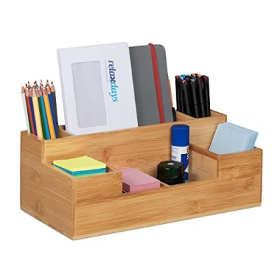 Afbeelding van Relaxdays bureau organizer bamboe 7 vakken pennenbakje pennenbak bestekhouder