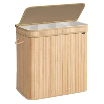 Afbeelding van SONGMICS wasmand met deksel, van bamboe, waszak afneembaar en machinewasbaar, handgrepen, 150 liter, voor bijkeuken, slaapkamer, woonkamer, natuurbeige LCB062N01