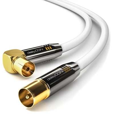 Afbeelding van deleyCON 15m TV Antennekabel HDTV Full HD 1x Hoekig Coaxkabel Stekker (Recht) naar Aansluiting (90 Graden) Metalen Wit