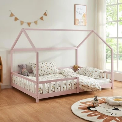 Afbeelding van [en.casa] Hutbed voor kinderkamer, eenpersoonsbed in huisvorm, met standaard lattenbodem en beschermende barrière grenenhout, multiplex, 120 x 200 cm, roze