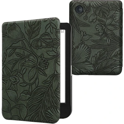 Afbeelding van kwmobile E reader hoesje geschikt voor Kobo Clara BW / Colour hoes flip case met magnetische sluiting Ereader cover Bloemen in reliëf design groen