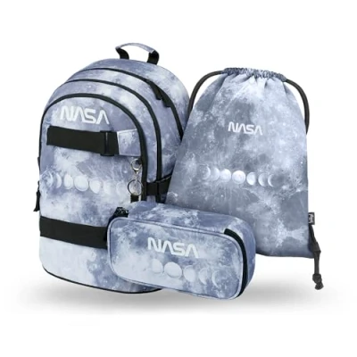 Afbeelding van Baagl Set van 3 schoolrugzakken voor jongens en meisjes, schooltas vanaf de 3e klas, met borstriem, ergonomische schooltas, Nasa Grijs