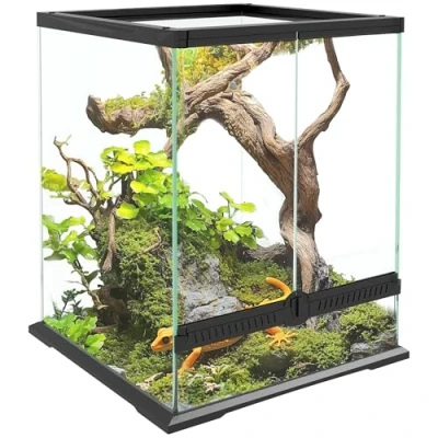 Afbeelding van PawHut Terrarium voor reptielen, met lekvrij design, ventilatie, 120 liter, glas, kabelmanagement, amfibieën, metaal, zwart, 45 x 60 cm
