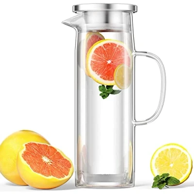 Afbeelding van Uootach 1,5 l glazen waterkan met deksel, transparant en hittebestendig, borosilicaatfles, perfect voor melk, sap, koffie of warm water