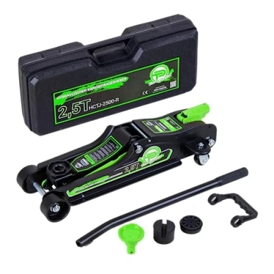 Afbeelding van hydraulische krik voor 2,5 ton, plat model 80 mm 360 mm, laag profiel met koffer + SUV adapter 2 rubberen pads, auto‘s, draaibare wielen (groen)