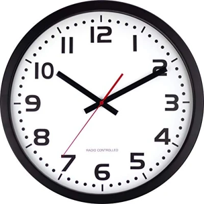 Afbeelding van Eurotime Radiogestuurde wandklok 40 cm met zwart metalen frame, echt glas, 12 cijferige transparante wijzerplaat, automatische tijd en tijdwisseling, voor woonkamer of kantoor, seconden