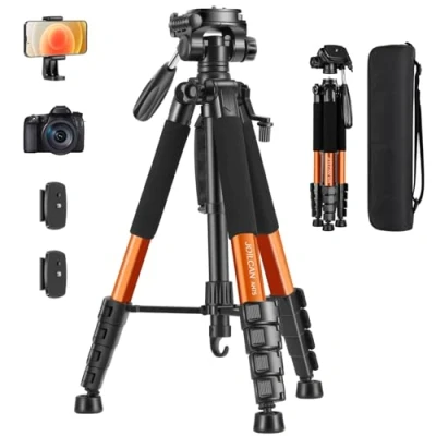 Afbeelding van JOILCAN Canon Nikon camerastatief, 188 cm licht statief met afneembare kop en universele telefoonhouder, versterkt aluminium hoog voor vlog live streaming (oranje)