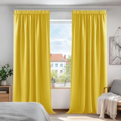 Afbeelding van Deconovo Set van 2 verduisterende gordijnen, woonkamer, design, modern, gordijn met plooiband, keukengordijn, thermische isolatie, anti koude, eetkamer, mosterdgeel, 140 x 210 cm