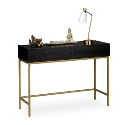 Afbeelding van Relaxdays Consoletafel met 2 laden, dressoir, hal, woonkamer, opbergtafel in houtlook, hoogte 80 x 110 40 cm, zwart/goud