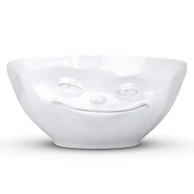 Afbeelding van Kom wit porselein 350 ML met grijnzend gezicht uit de Tassen serie collectie geschickt voor soep of yoghurt 14 x 7.5 cm in geschenkverpakking