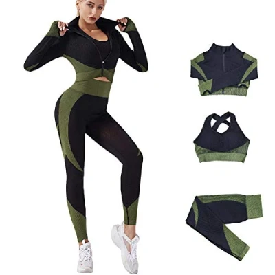 Afbeelding van Veriliss Sportkleding voor dames, 3 delig, trainingspak, set, beha, sportleggings yoga, sportkleding, fitness, trainingsset, sportoutfits, Zwart Groen